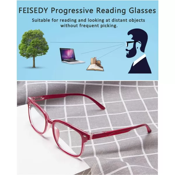 FEISEDY Progressive Multifocal Reading Glasses Blue Light blocking Reader Glasses TR90 Frame Women Men B2497Red  Clear