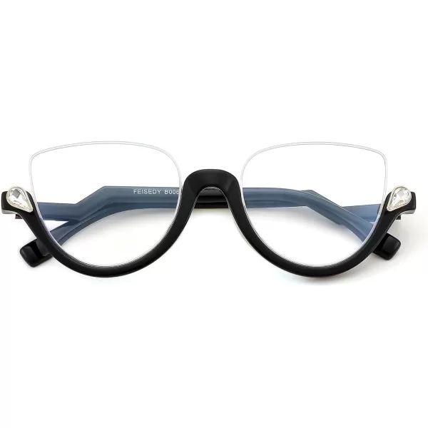 FEISEDY Reading Glasses for Women Fashion Half Frame Cat Eye Glasses Anti Glare Eyeglasses B0067Black
