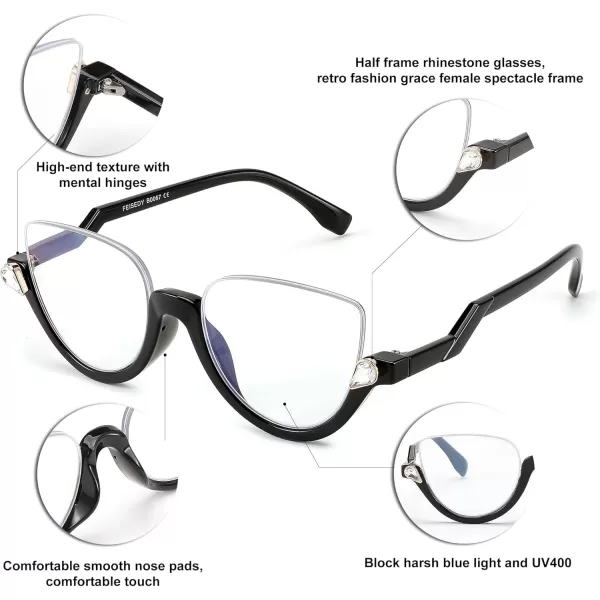 FEISEDY Reading Glasses for Women Fashion Half Frame Cat Eye Glasses Anti Glare Eyeglasses B0067Black