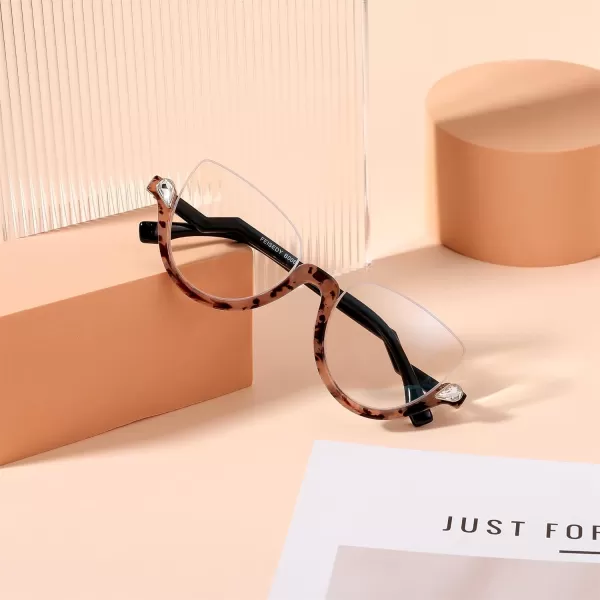 FEISEDY Reading Glasses for Women Fashion Half Frame Cat Eye Glasses Anti Glare Eyeglasses B0067Brown