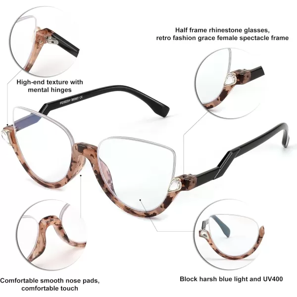 FEISEDY Reading Glasses for Women Fashion Half Frame Cat Eye Glasses Anti Glare Eyeglasses B0067Brown