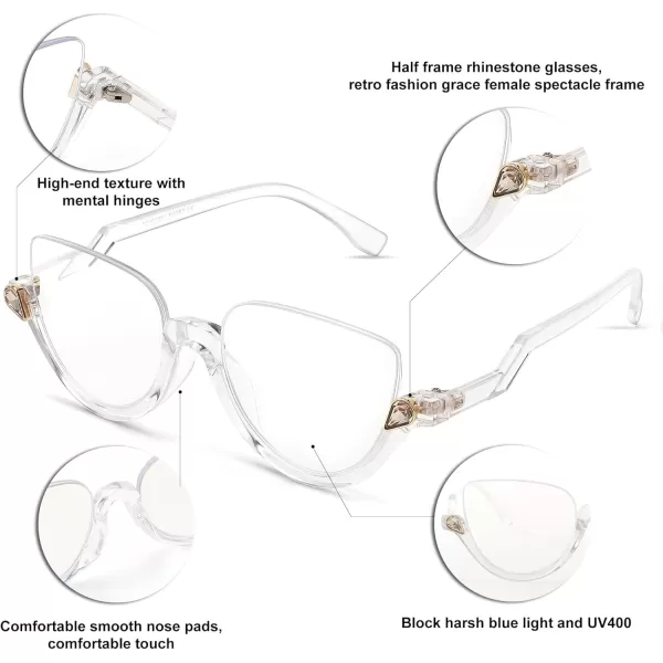 FEISEDY Reading Glasses for Women Fashion Half Frame Cat Eye Glasses Anti Glare Eyeglasses B0067Clear