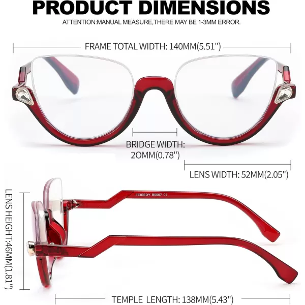 FEISEDY Reading Glasses for Women Fashion Half Frame Cat Eye Glasses Anti Glare Eyeglasses B0067Red