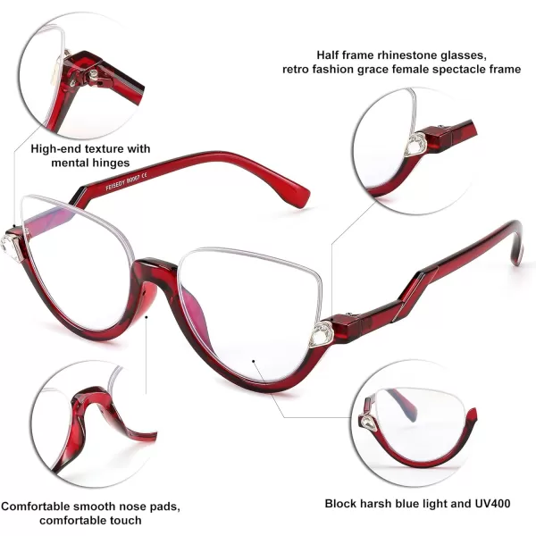 FEISEDY Reading Glasses for Women Fashion Half Frame Cat Eye Glasses Anti Glare Eyeglasses B0067Red