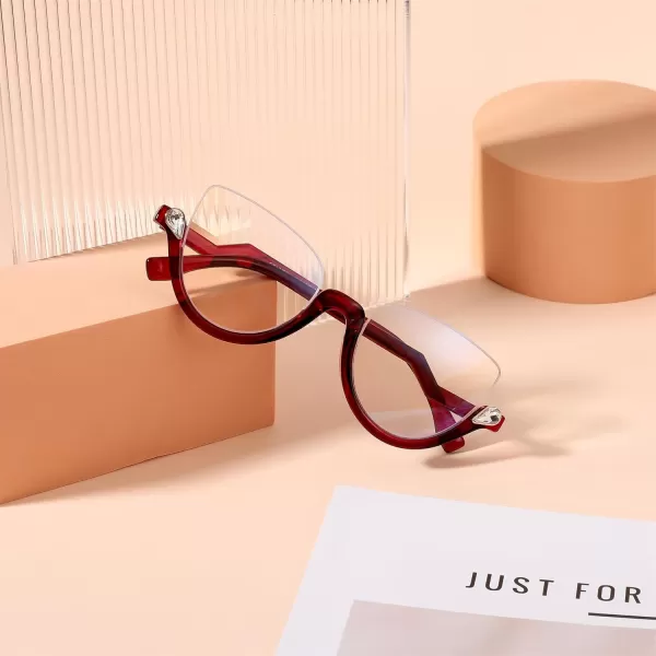 FEISEDY Reading Glasses for Women Fashion Half Frame Cat Eye Glasses Anti Glare Eyeglasses B0067Red