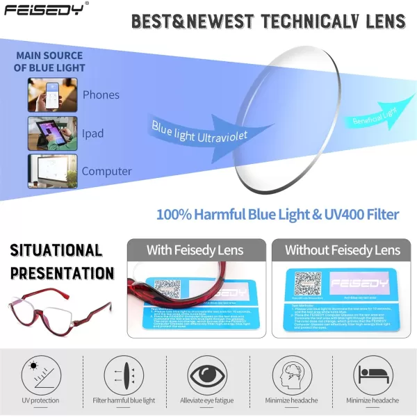FEISEDY Reading Glasses for Women Fashion Half Frame Cat Eye Glasses Anti Glare Eyeglasses B0067Red