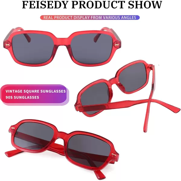 FEISEDY Retro 90s Rectangle Sunglasses Oval Yellow Sunglasses Trendy Irregular Square Sun Glasses for Women Men B2790005 Red Frame  Grey Lens