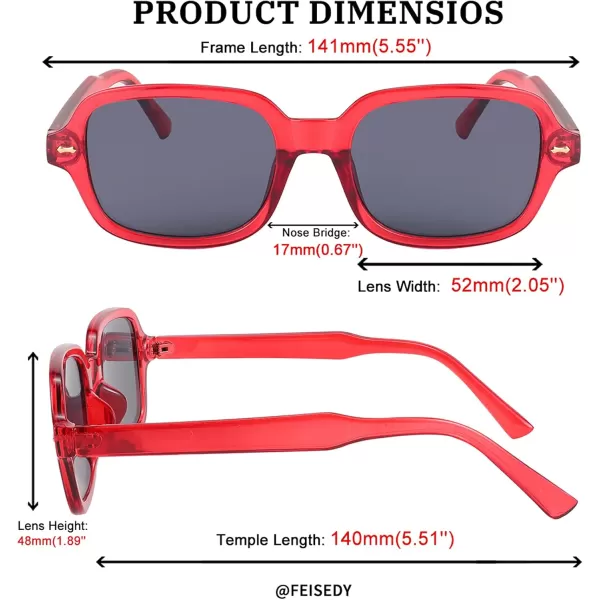 FEISEDY Retro 90s Rectangle Sunglasses Oval Yellow Sunglasses Trendy Irregular Square Sun Glasses for Women Men B2790005 Red Frame  Grey Lens