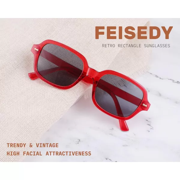 FEISEDY Retro 90s Rectangle Sunglasses Oval Yellow Sunglasses Trendy Irregular Square Sun Glasses for Women Men B2790005 Red Frame  Grey Lens