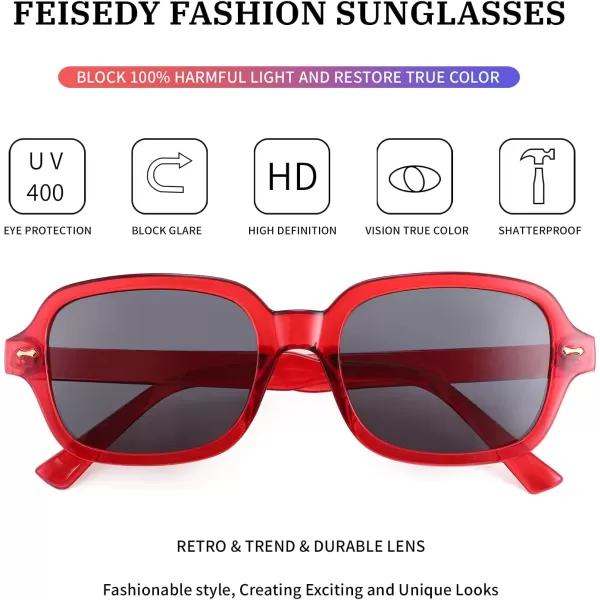 FEISEDY Retro 90s Rectangle Sunglasses Oval Yellow Sunglasses Trendy Irregular Square Sun Glasses for Women Men B2790005 Red Frame  Grey Lens