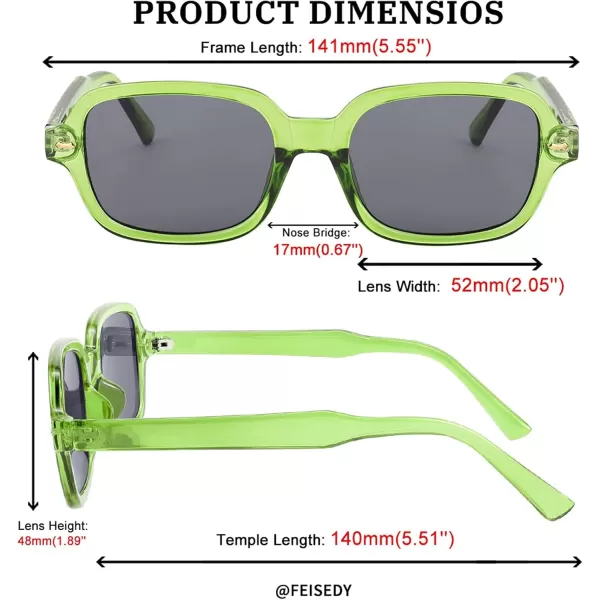 FEISEDY Retro 90s Rectangle Sunglasses Oval Yellow Sunglasses Trendy Irregular Square Sun Glasses for Women Men B2790006 Transparent Green Frame  Grey Lens