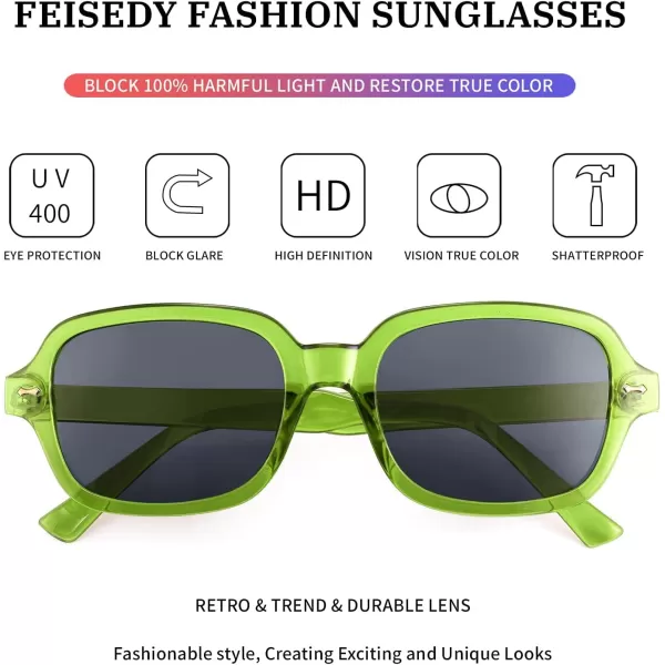 FEISEDY Retro 90s Rectangle Sunglasses Oval Yellow Sunglasses Trendy Irregular Square Sun Glasses for Women Men B2790006 Transparent Green Frame  Grey Lens