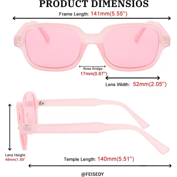 FEISEDY Retro 90s Rectangle Sunglasses Oval Yellow Sunglasses Trendy Irregular Square Sun Glasses for Women Men B2790007 Transparent Pink Frame  Pink Lens