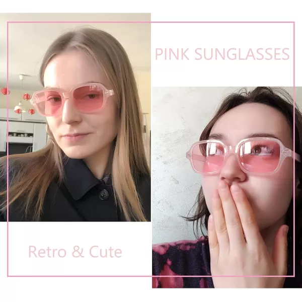 FEISEDY Retro 90s Rectangle Sunglasses Oval Yellow Sunglasses Trendy Irregular Square Sun Glasses for Women Men B2790007 Transparent Pink Frame  Pink Lens