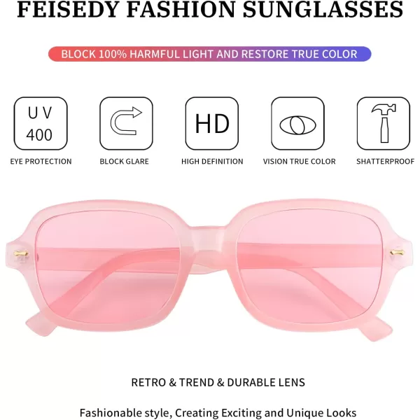 FEISEDY Retro 90s Rectangle Sunglasses Oval Yellow Sunglasses Trendy Irregular Square Sun Glasses for Women Men B2790007 Transparent Pink Frame  Pink Lens