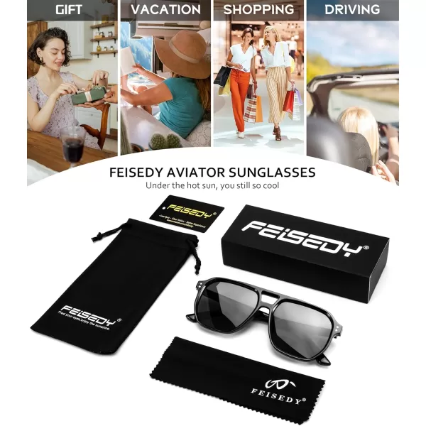 FEISEDY Retro Avaitor Sunglasses Women Men Vintage Square 70s Plastic Frame Pilot Sun Glasses B9144Black Frame Grey Lens