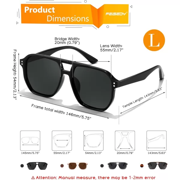 FEISEDY Retro Avaitor Sunglasses Women Men Vintage Square 70s Plastic Frame Pilot Sun Glasses B9144Black Frame Grey Lens