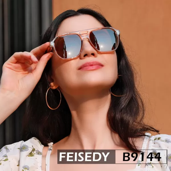 FEISEDY Retro Avaitor Sunglasses Women Men Vintage Square 70s Plastic Frame Pilot Sun Glasses B9144Champagne Frame Tea Lens