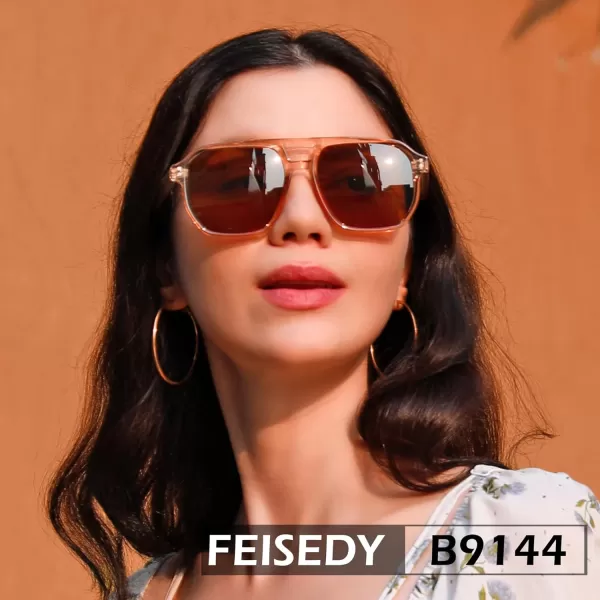 FEISEDY Retro Avaitor Sunglasses Women Men Vintage Square 70s Plastic Frame Pilot Sun Glasses B9144Champagne Frame Tea Lens