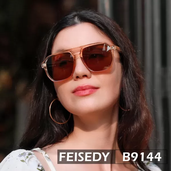 FEISEDY Retro Avaitor Sunglasses Women Men Vintage Square 70s Plastic Frame Pilot Sun Glasses B9144Champagne Frame Tea Lens