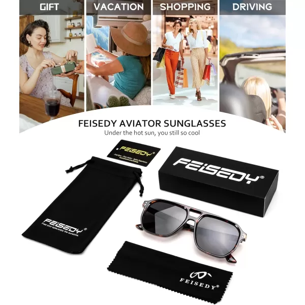 FEISEDY Retro Avaitor Sunglasses Women Men Vintage Square 70s Plastic Frame Pilot Sun Glasses B9144Leopard Frame Grey Lens