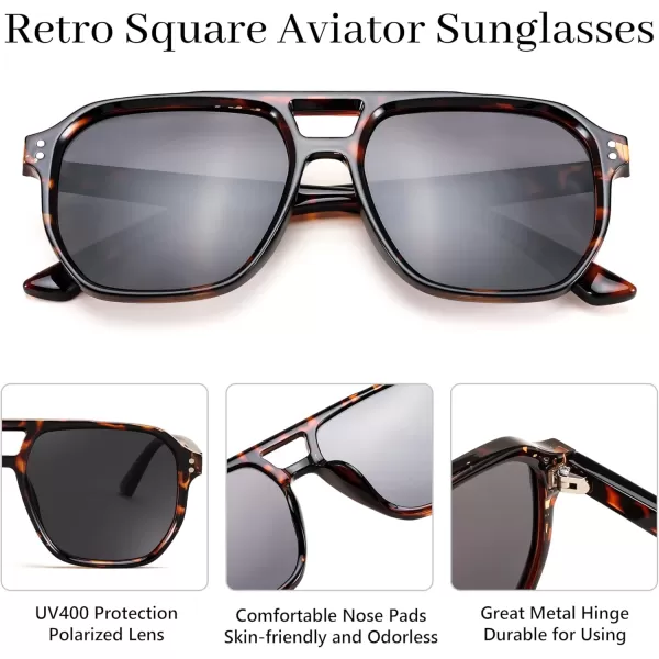 FEISEDY Retro Avaitor Sunglasses Women Men Vintage Square 70s Plastic Frame Pilot Sun Glasses B9144Leopard Frame Grey Lens