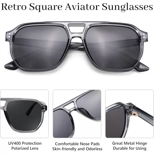 FEISEDY Retro Avaitor Sunglasses Women Men Vintage Square 70s Plastic Frame Pilot Sun Glasses B9144Transparent Grey Fame Grey Lens