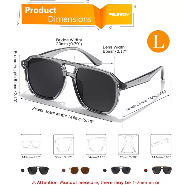 FEISEDY Retro Avaitor Sunglasses Women Men Vintage Square 70s Plastic Frame Pilot Sun Glasses B9144Transparent Grey Fame Grey Lens