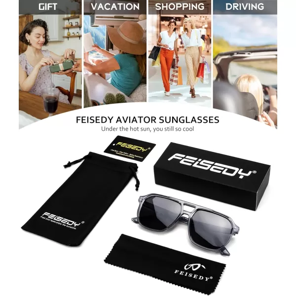 FEISEDY Retro Avaitor Sunglasses Women Men Vintage Square 70s Plastic Frame Pilot Sun Glasses B9144Transparent Grey Fame Grey Lens