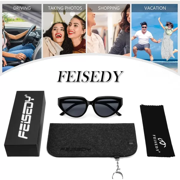 FEISEDY Retro Narrow Cat Eye Sunglasses for Women Vintage Clout Goggles Plastic Frame Cateye Sunglasses B9074Black