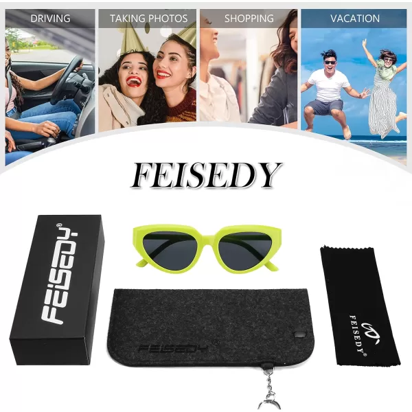 FEISEDY Retro Narrow Cat Eye Sunglasses for Women Vintage Clout Goggles Plastic Frame Cateye Sunglasses B9074Green