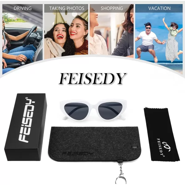 FEISEDY Retro Narrow Cat Eye Sunglasses for Women Vintage Clout Goggles Plastic Frame Cateye Sunglasses B9074White