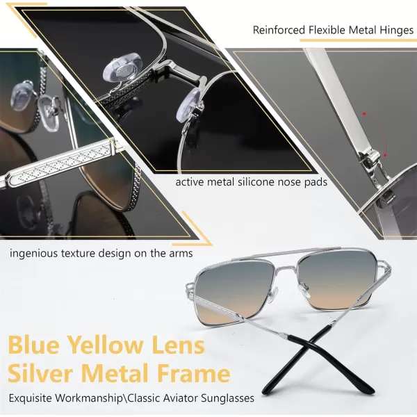 FEISEDY Retro Square Aviator Sunglasses for Men Women Vintage 70s Pilot Shades Classic Metal Frame B2845Blue Yellow Lens Silver Metal Frame
