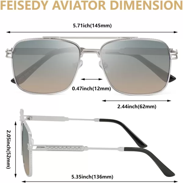 FEISEDY Retro Square Aviator Sunglasses for Men Women Vintage 70s Pilot Shades Classic Metal Frame B2845Blue Yellow Lens Silver Metal Frame