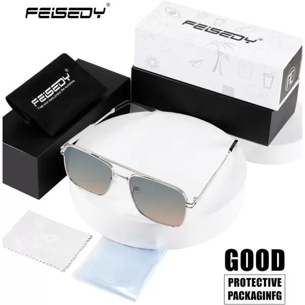 FEISEDY Retro Square Aviator Sunglasses for Men Women Vintage 70s Pilot Shades Classic Metal Frame B2845Blue Yellow Lens Silver Metal Frame