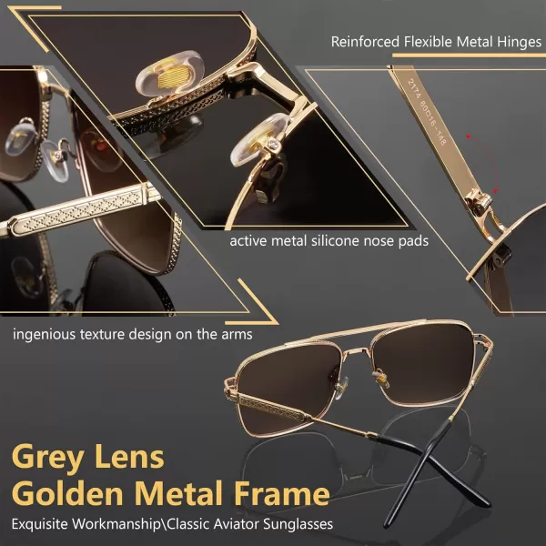 FEISEDY Retro Square Aviator Sunglasses for Men Women Vintage 70s Pilot Shades Classic Metal Frame B2845Gradient Tea Lens Golden Metal Frame