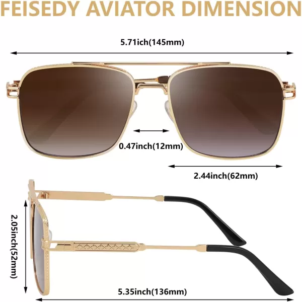 FEISEDY Retro Square Aviator Sunglasses for Men Women Vintage 70s Pilot Shades Classic Metal Frame B2845Gradient Tea Lens Golden Metal Frame