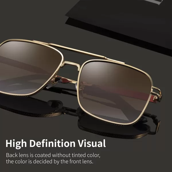 FEISEDY Retro Square Aviator Sunglasses for Men Women Vintage 70s Pilot Shades Classic Metal Frame B2845Gradient Tea Lens Golden Metal Frame