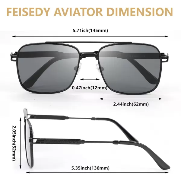 FEISEDY Retro Square Aviator Sunglasses for Men Women Vintage 70s Pilot Shades Classic Metal Frame B2845Grey Lens Black Metal Frame