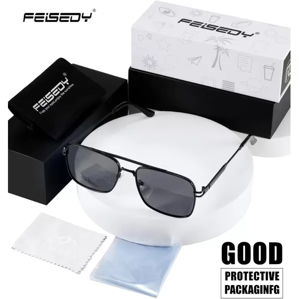 FEISEDY Retro Square Aviator Sunglasses for Men Women Vintage 70s Pilot Shades Classic Metal Frame B2845Grey Lens Black Metal Frame