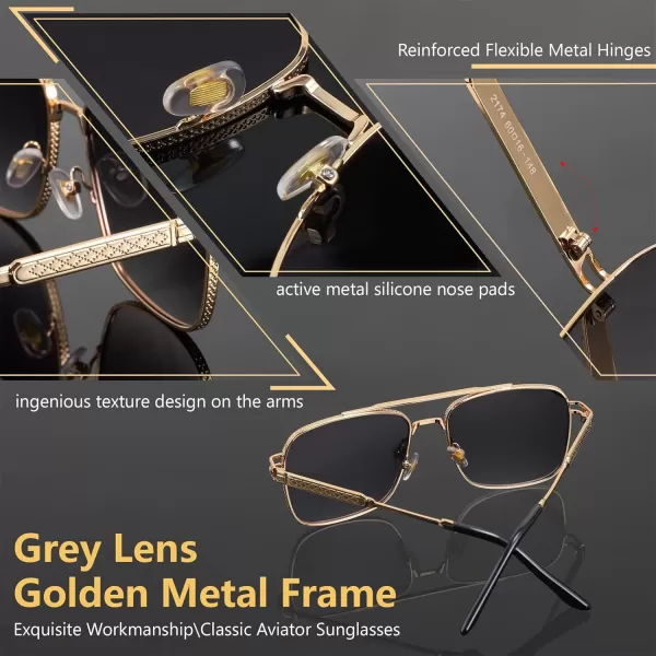 FEISEDY Retro Square Aviator Sunglasses for Men Women Vintage 70s Pilot Shades Classic Metal Frame B2845Grey Lens Golden Metal Frame