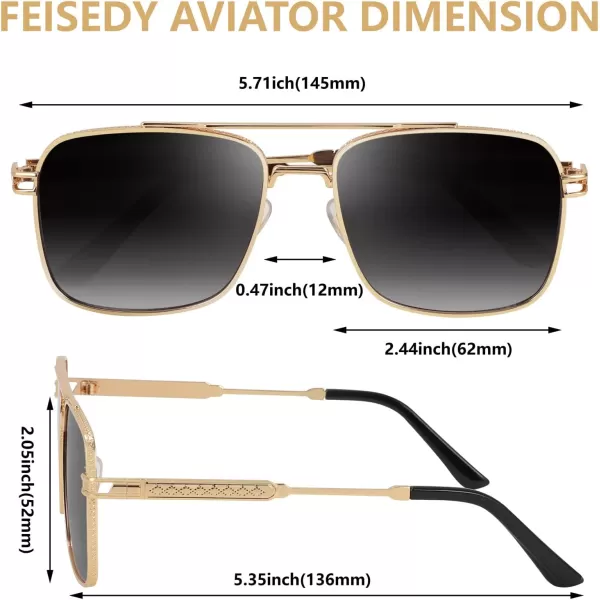 FEISEDY Retro Square Aviator Sunglasses for Men Women Vintage 70s Pilot Shades Classic Metal Frame B2845Grey Lens Golden Metal Frame