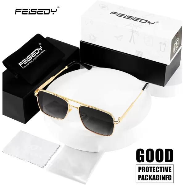 FEISEDY Retro Square Aviator Sunglasses for Men Women Vintage 70s Pilot Shades Classic Metal Frame B2845Grey Lens Golden Metal Frame