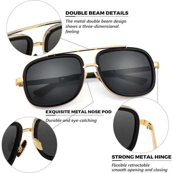 FEISEDY Retro Trendy Aviator Sunglasses Women Men Classic Vintage Square Sunglasses 70s Large Metal Shades B2321001 Gold FrameGray Lens