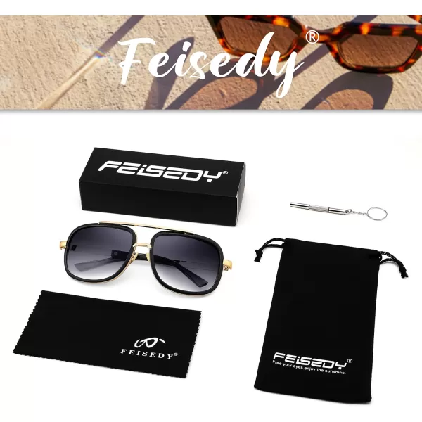 FEISEDY Retro Trendy Aviator Sunglasses Women Men Classic Vintage Square Sunglasses 70s Large Metal Shades B2321002 Gold FrameGradient Gray Lens