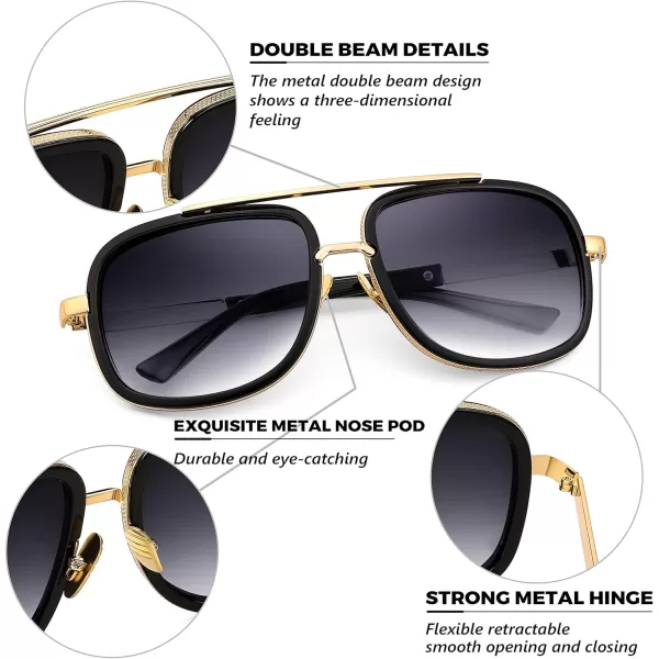 FEISEDY Retro Trendy Aviator Sunglasses Women Men Classic Vintage Square Sunglasses 70s Large Metal Shades B2321002 Gold FrameGradient Gray Lens