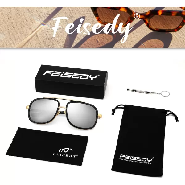 FEISEDY Retro Trendy Aviator Sunglasses Women Men Classic Vintage Square Sunglasses 70s Large Metal Shades B2321003 Gold FrameWhite Mirrored Lens