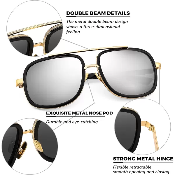 FEISEDY Retro Trendy Aviator Sunglasses Women Men Classic Vintage Square Sunglasses 70s Large Metal Shades B2321003 Gold FrameWhite Mirrored Lens