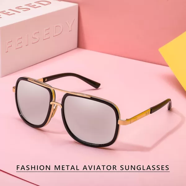 FEISEDY Retro Trendy Aviator Sunglasses Women Men Classic Vintage Square Sunglasses 70s Large Metal Shades B2321003 Gold FrameWhite Mirrored Lens