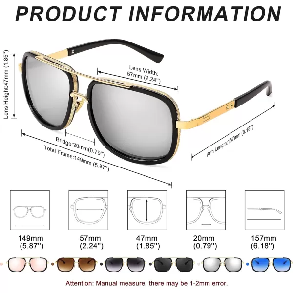 FEISEDY Retro Trendy Aviator Sunglasses Women Men Classic Vintage Square Sunglasses 70s Large Metal Shades B2321003 Gold FrameWhite Mirrored Lens